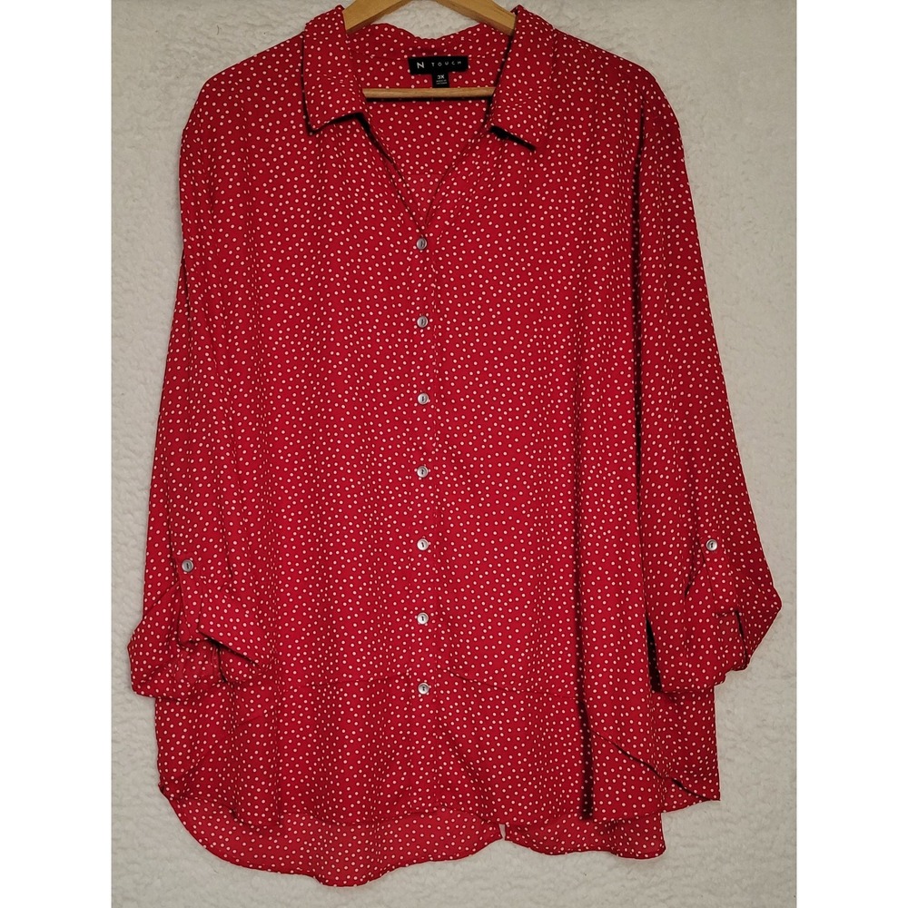 N TOUCH size 3X Polka Dot Lightweight Stretch Blouse Red 3/4 Sleeve 0983
